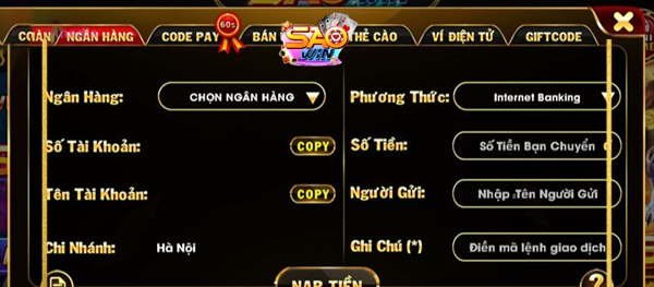 Nạp tiền ngân hàng Saowin nhanh chóng